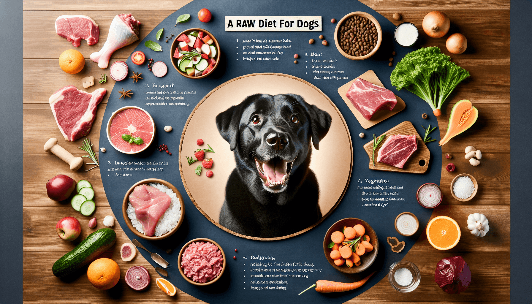 Create an informational image centered around the basics of a raw diet for dogs. The visual should include an array of raw food items like meat, vegetables, and fruits recommended for dogs. Additionally portray a happy and healthy dog, perhaps a Black Labrador, eagerly eyeing the food, signifying the interest and benefits of such a diet for dogs. It can also include simple textual tips for what constitutes a raw diet for dogs. The overall feel of the image should be friendly and inviting, allowing viewers to be educated about the healthy choices for their furry friends.