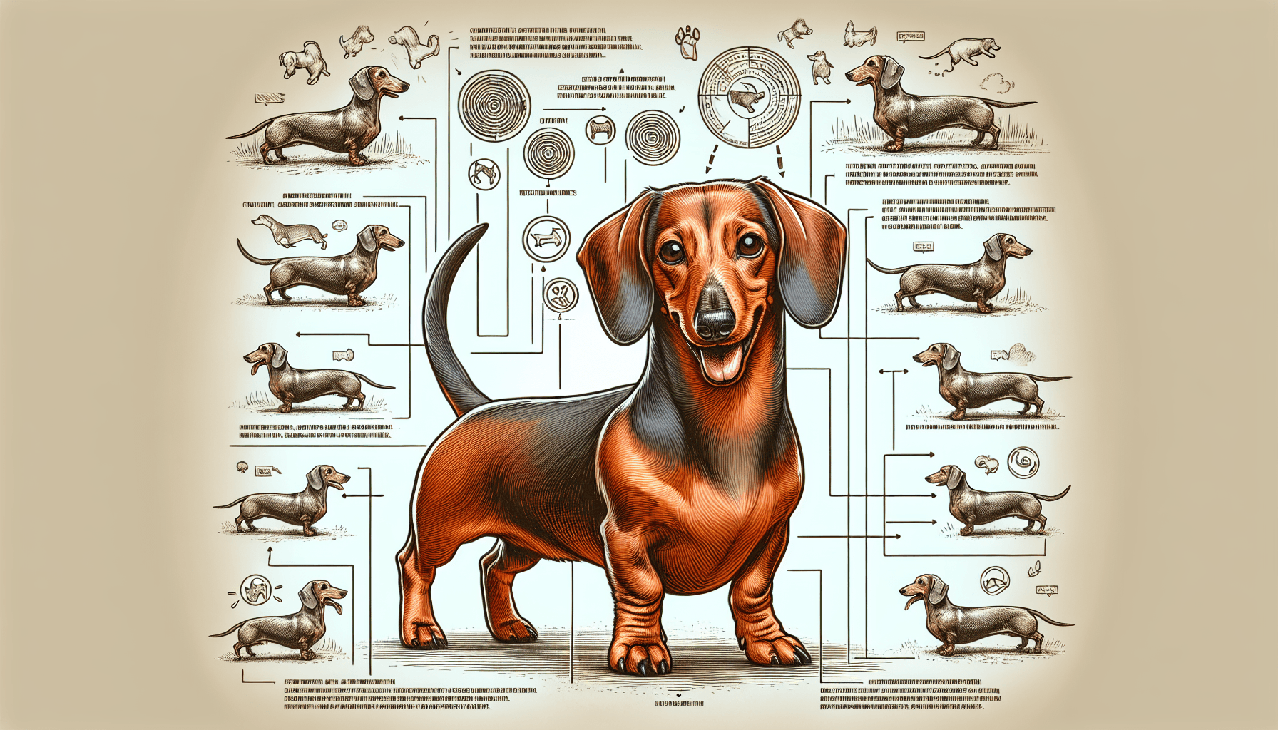 An image representing a guide to understanding Dachshunds, also known as Wiener Dogs. The picture shows a lively Dachshund with its distinctive elongated body and short legs. The dog has an adorable expression, illustrating its lovable nature. Around the dog, annotations provide insights about the breed's characteristics, behavior, and care needs. In the background, there are subtle outlines of other playful Dachshunds in various poses, further reinforcing the theme.