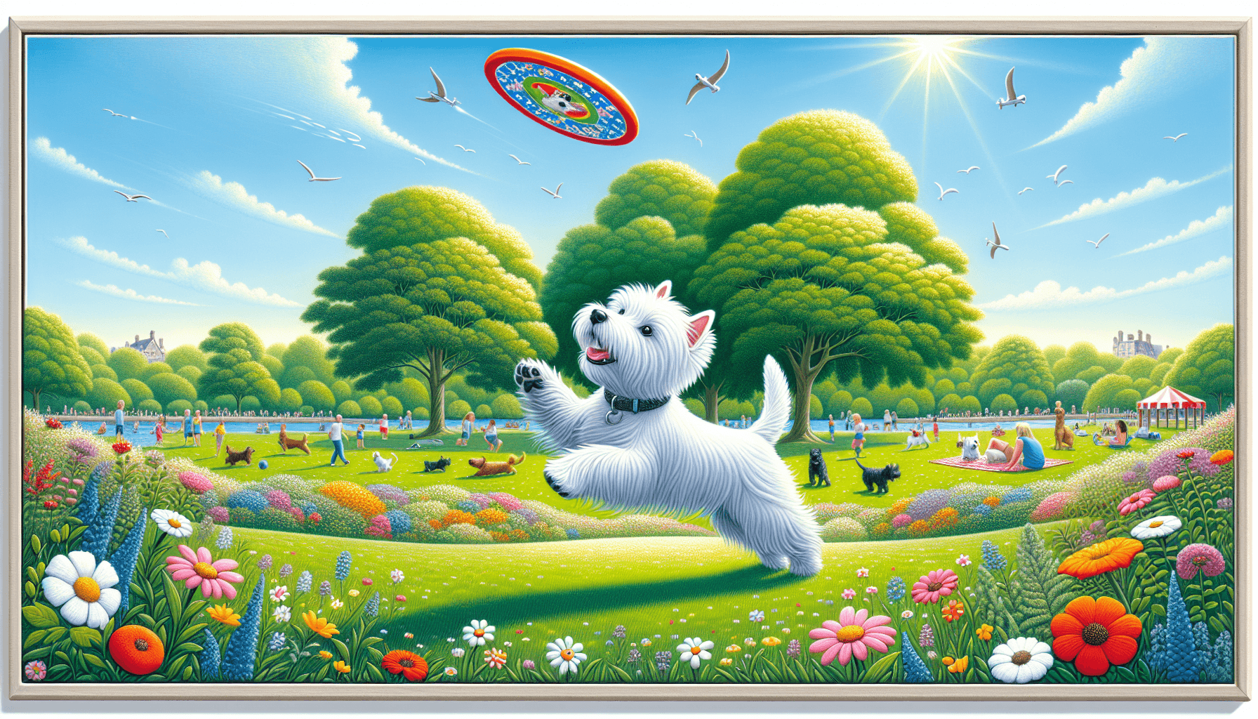 Illustrate the delight and satisfaction of owning a West Highland Terrier. The image should capture the playful nature and energetic spirit of the dog. The scene can be set in a lively park with the dog joyfully fetching a frisbee, making a perfect image for every Westie owner. The background should be filled with lush green trees, blooming flowers and clear blue sky, creating an idyllic setting where the terrier thrives and the owner cherishes each moment with their pet.