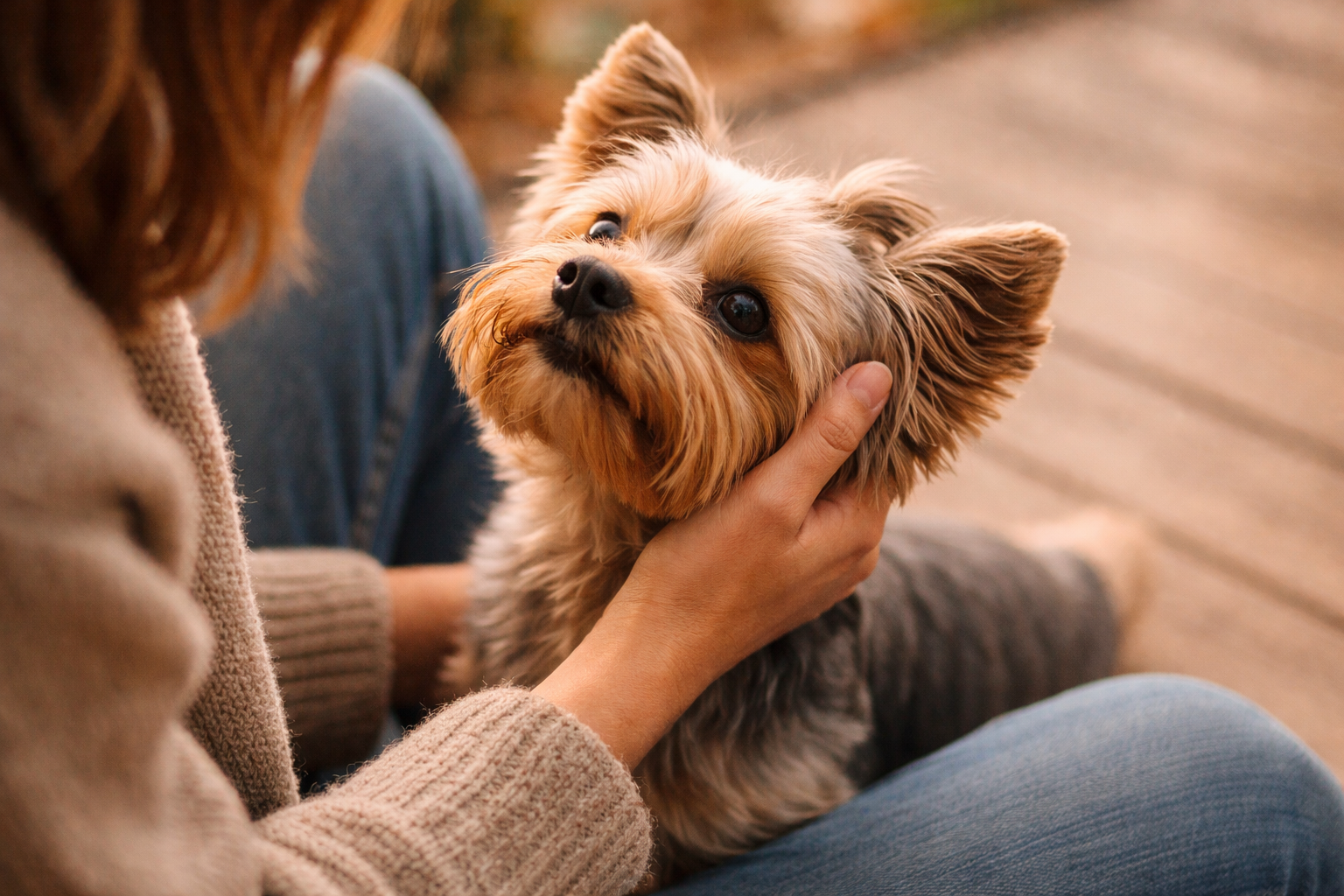Dog and person sharing a gentle, connected moment in a natural setting.