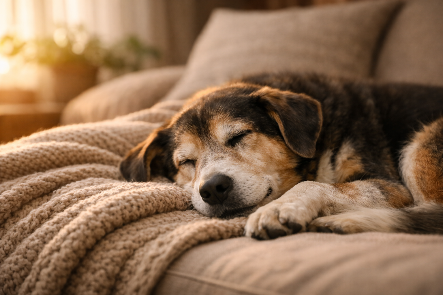 Healthy dog resting comfortably, showing signs of ease and vitality.
